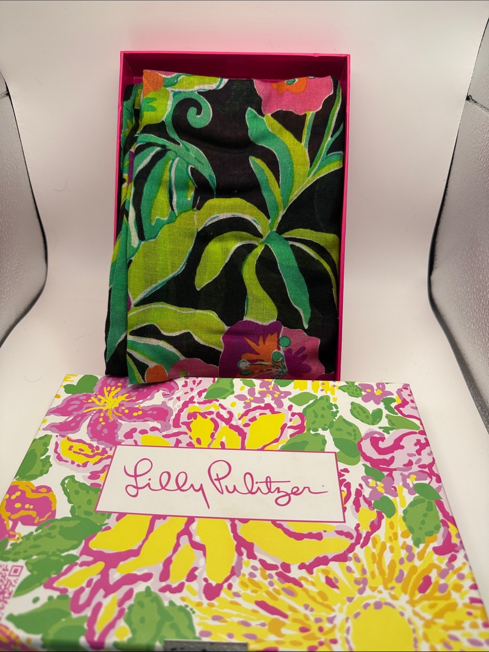 Lilly Pulitzer Murfee Black Floral Scarf with Green and Pink Accents